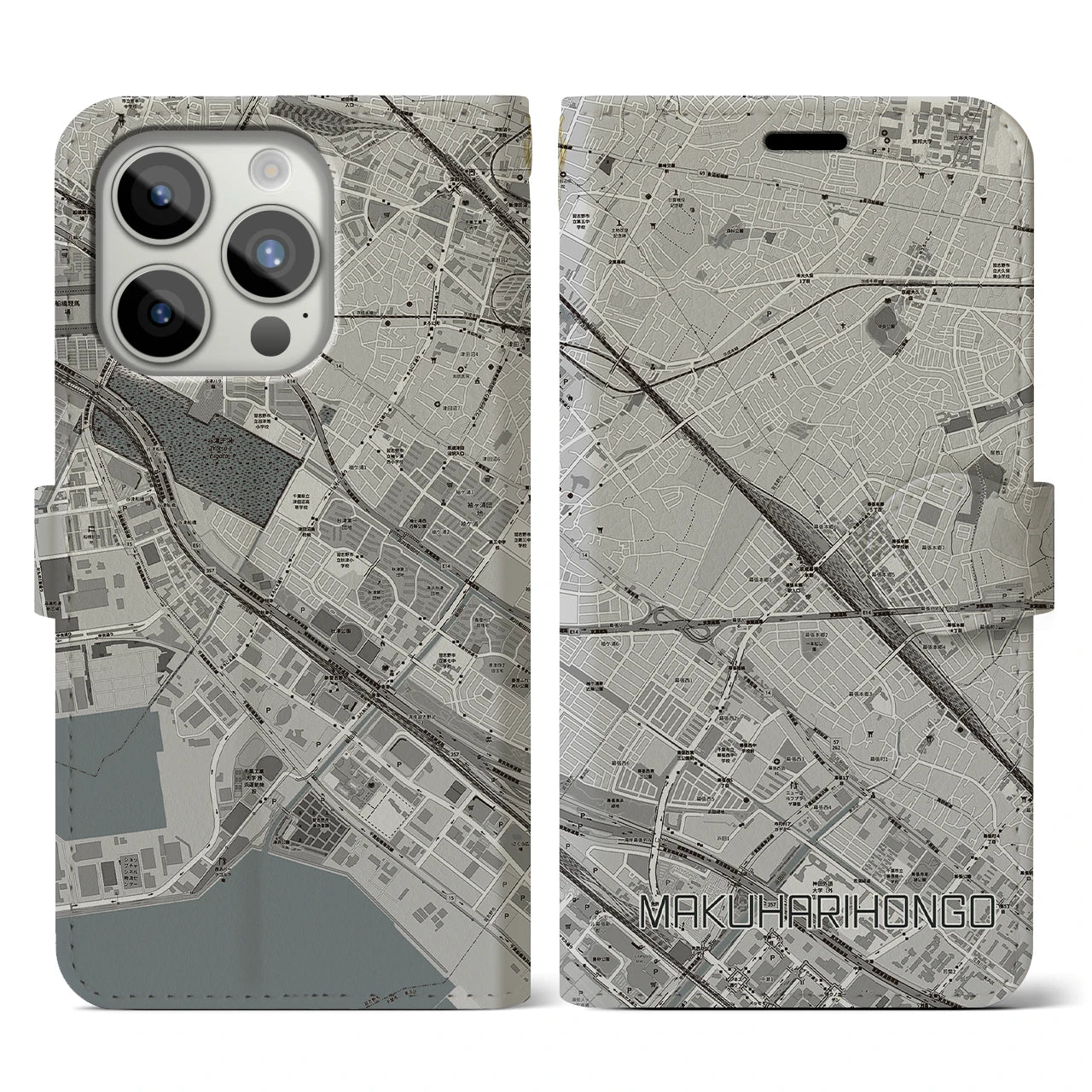 【幕張本郷(千葉県)】地図柄iPhoneケース(手帳タイプ)モノトーン・iPhone 15 Pro 用