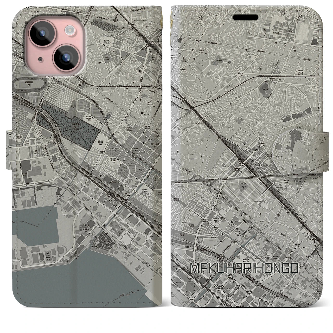 【幕張本郷(千葉県)】地図柄iPhoneケース(手帳タイプ)モノトーン・iPhone 15 Plus 用