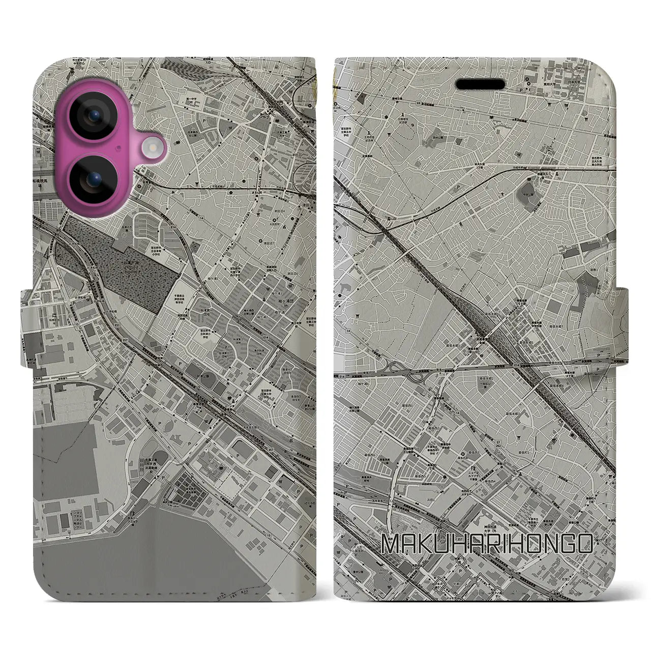 【幕張本郷(千葉県)】地図柄iPhoneケース(手帳タイプ)モノトーン・iPhone 16 Pro 用