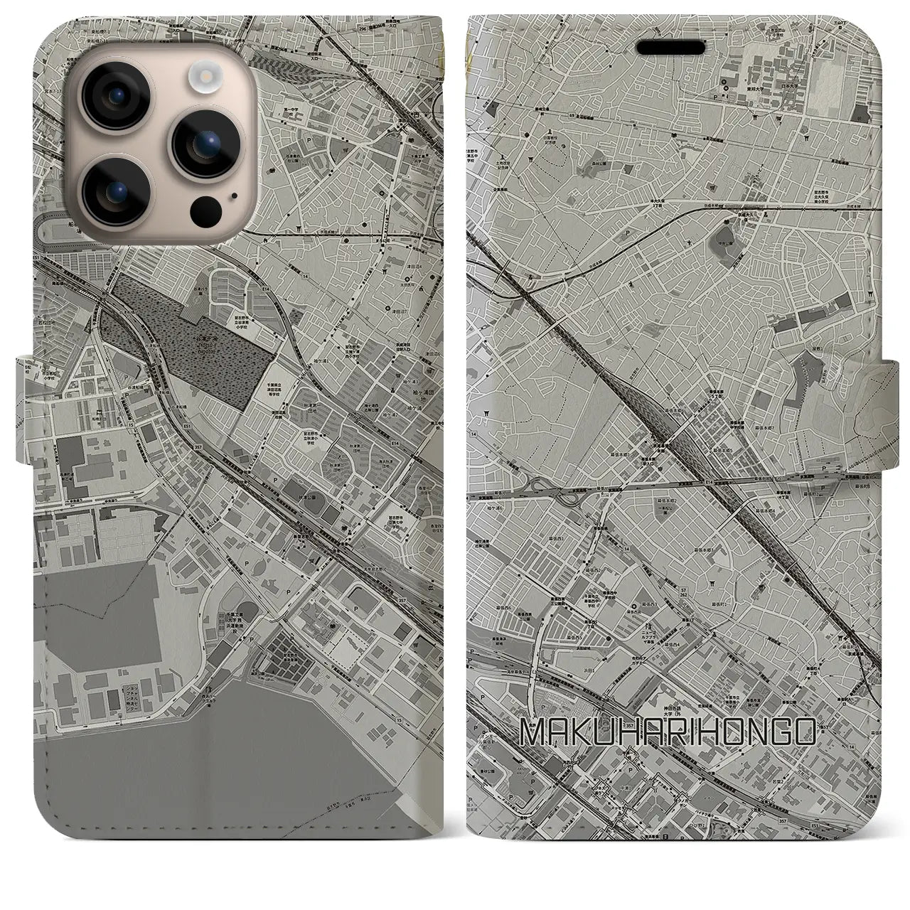【幕張本郷(千葉県)】地図柄iPhoneケース(手帳タイプ)モノトーン・iPhone 16 Plus 用