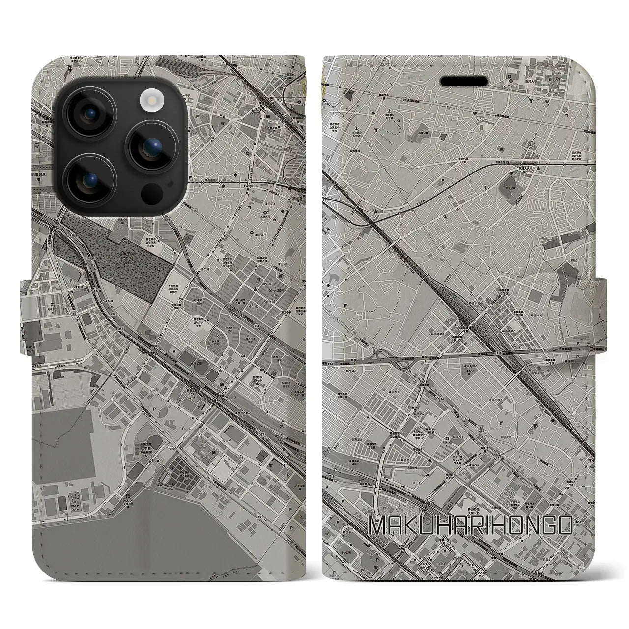 【幕張本郷(千葉県)】地図柄iPhoneケース(手帳タイプ)モノトーン・iPhone 16 用