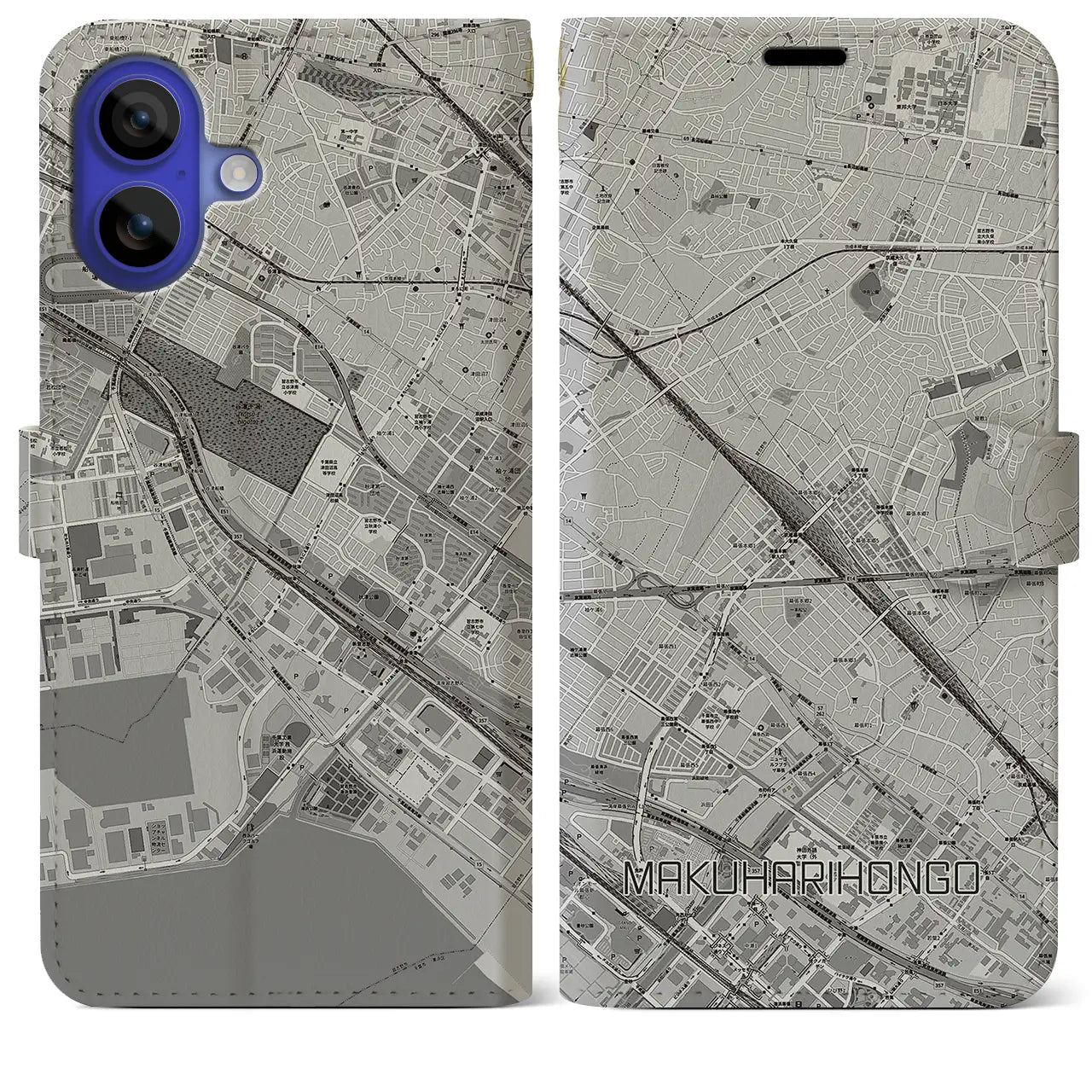 【幕張本郷(千葉県)】地図柄iPhoneケース(手帳タイプ)モノトーン・iPhone 16 Pro Max 用