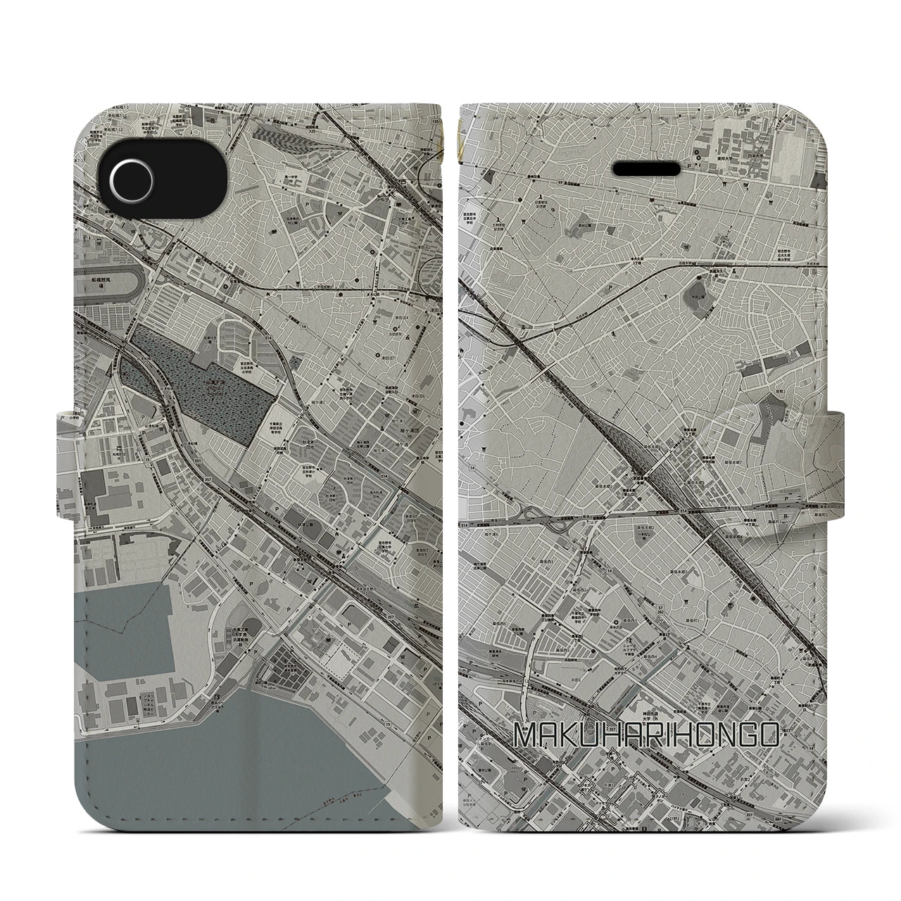 【幕張本郷(千葉県)】地図柄iPhoneケース(手帳タイプ)モノトーン・iPhone SE(第3 / 第2世代) / 8 / 7 / 6s / 6 用
