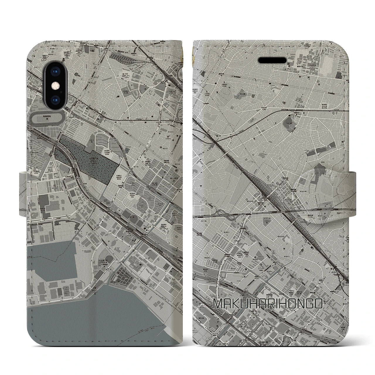 【幕張本郷(千葉県)】地図柄iPhoneケース(手帳タイプ)モノトーン・iPhone XS / X 用