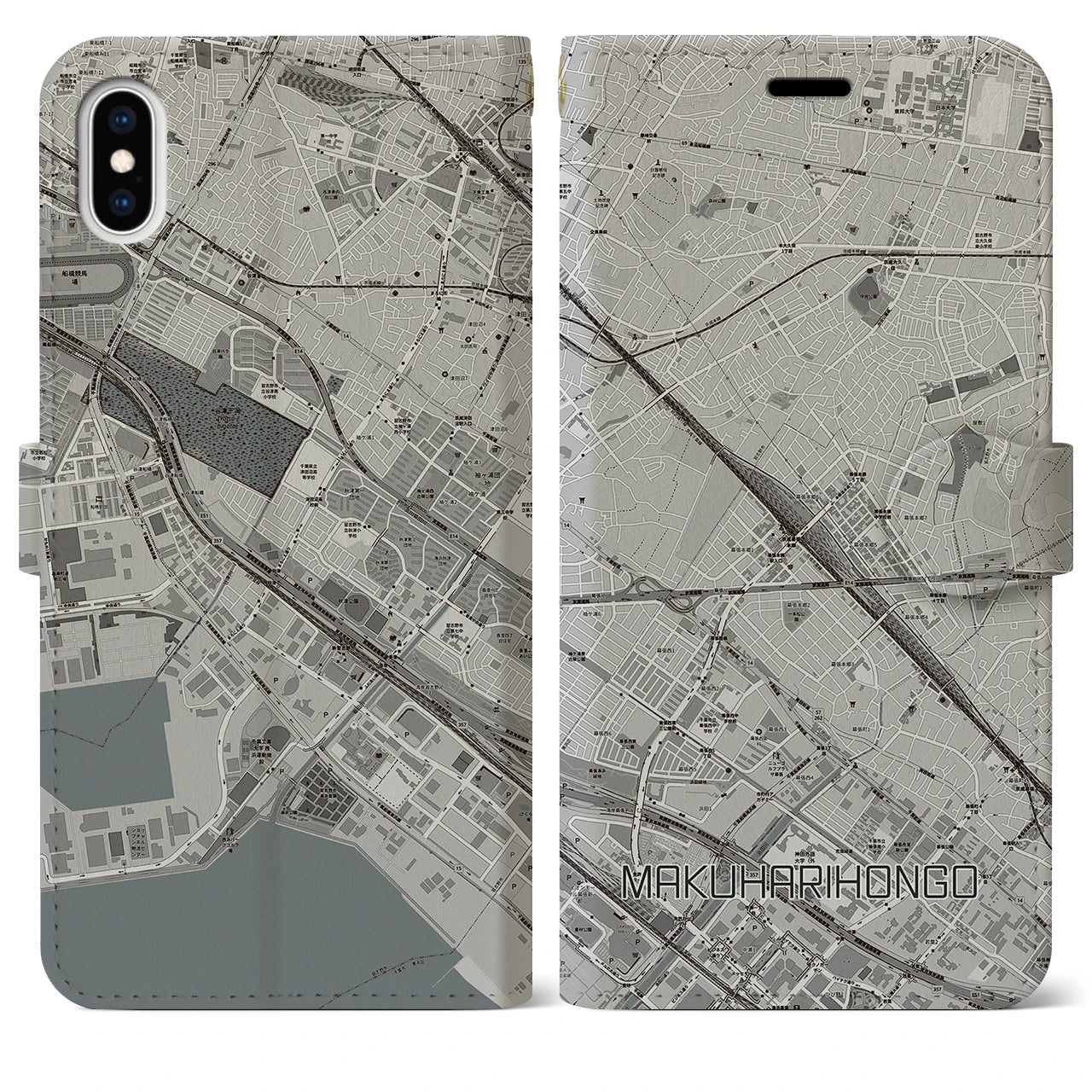 【幕張本郷(千葉県)】地図柄iPhoneケース(手帳タイプ)モノトーン・iPhone XS Max 用
