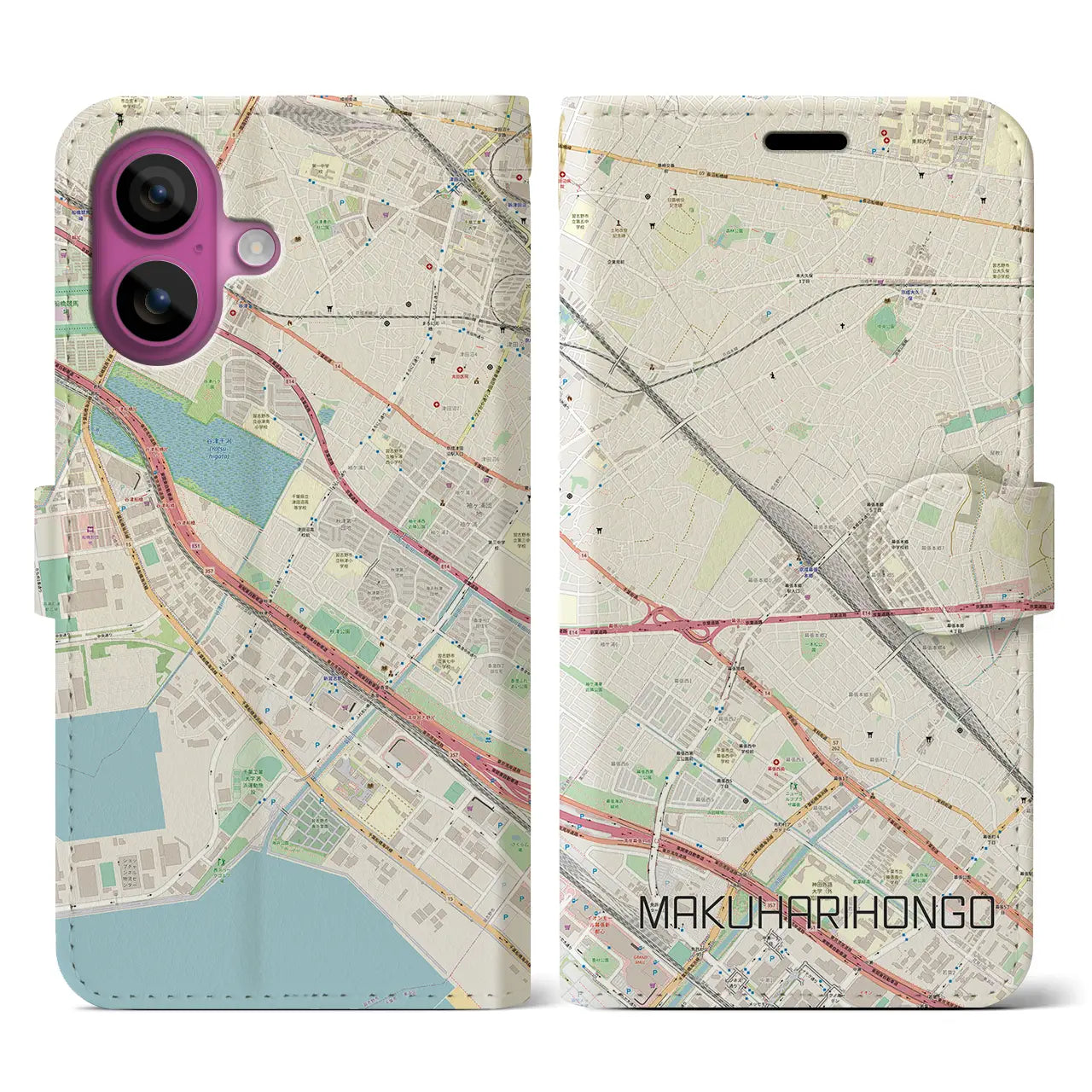 【幕張本郷(千葉県)】地図柄iPhoneケース(手帳タイプ)ナチュラル・iPhone 16 Pro 用