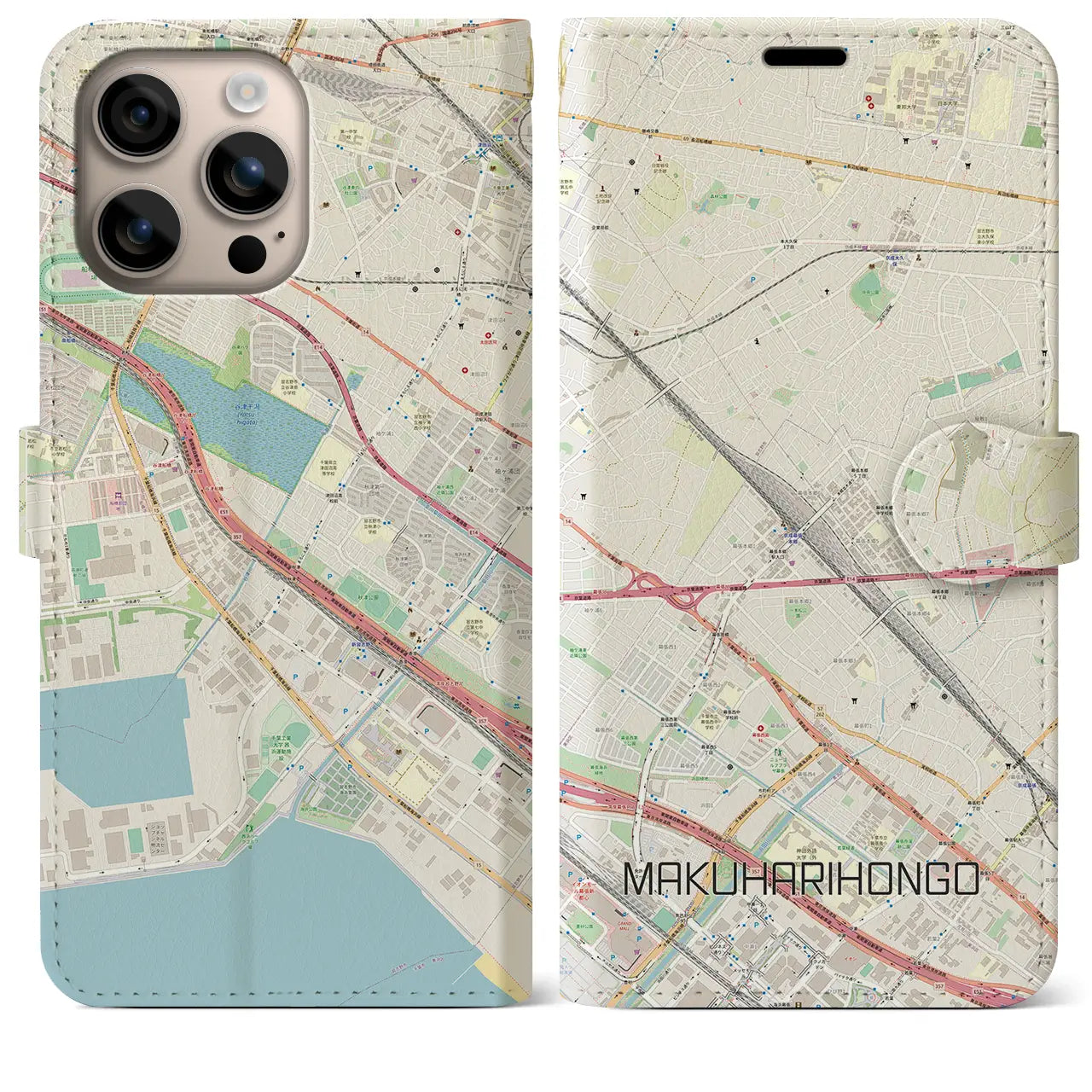 【幕張本郷(千葉県)】地図柄iPhoneケース(手帳タイプ)ナチュラル・iPhone 16 Plus 用