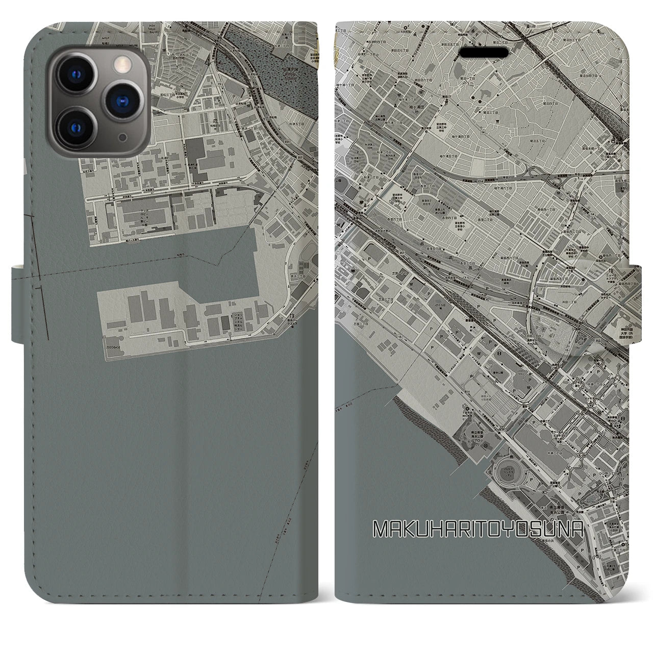 【幕張豊砂(千葉県)】地図柄iPhoneケース(手帳タイプ)モノトーン・iPhone 11 Pro Max 用
