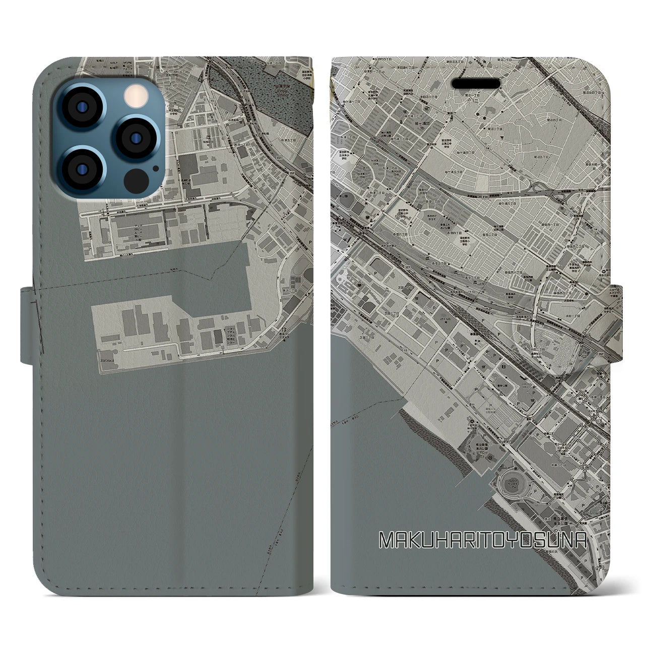【幕張豊砂(千葉県)】地図柄iPhoneケース(手帳タイプ)モノトーン・iPhone 12 / 12 Pro 用