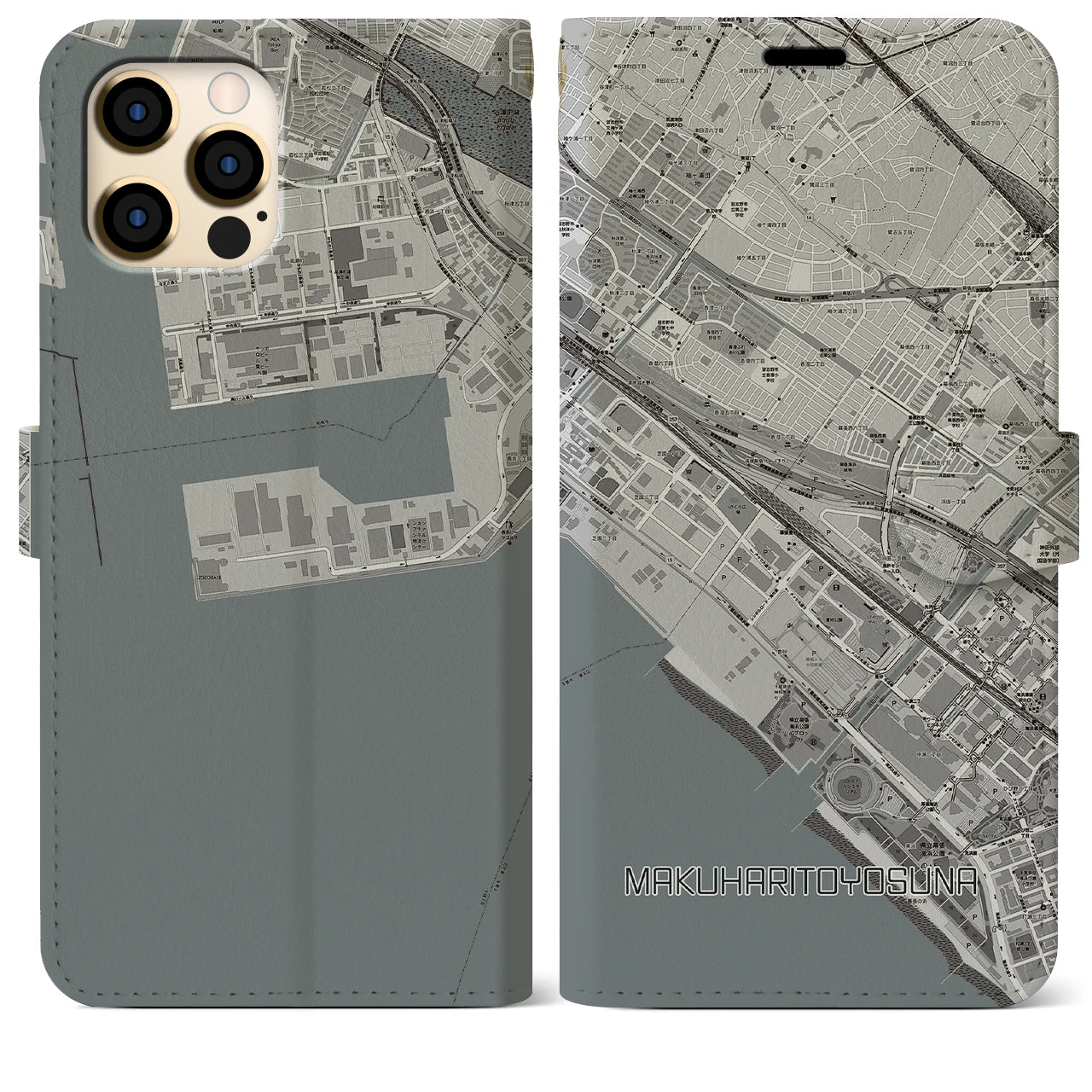【幕張豊砂(千葉県)】地図柄iPhoneケース(手帳タイプ)モノトーン・iPhone 12 Pro Max 用