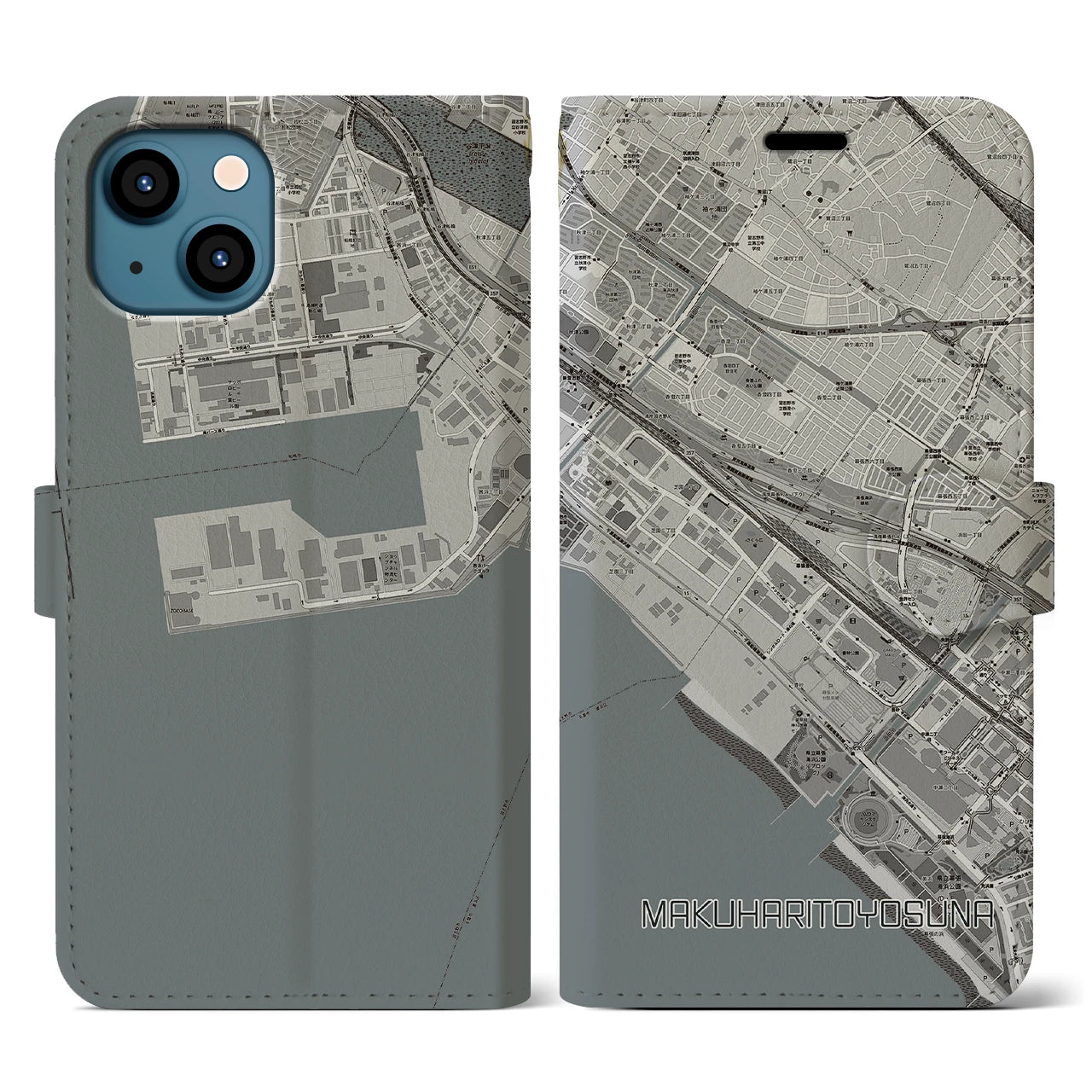 【幕張豊砂(千葉県)】地図柄iPhoneケース(手帳タイプ)モノトーン・iPhone 13 用
