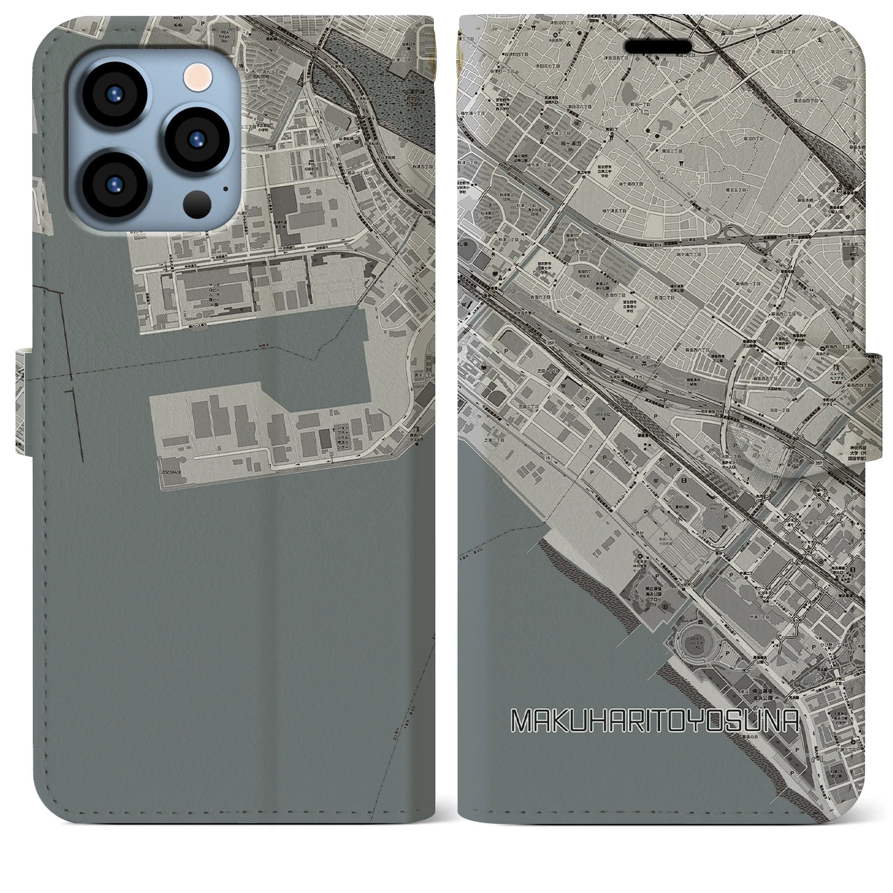 【幕張豊砂(千葉県)】地図柄iPhoneケース(手帳タイプ)モノトーン・iPhone 13 Pro Max 用