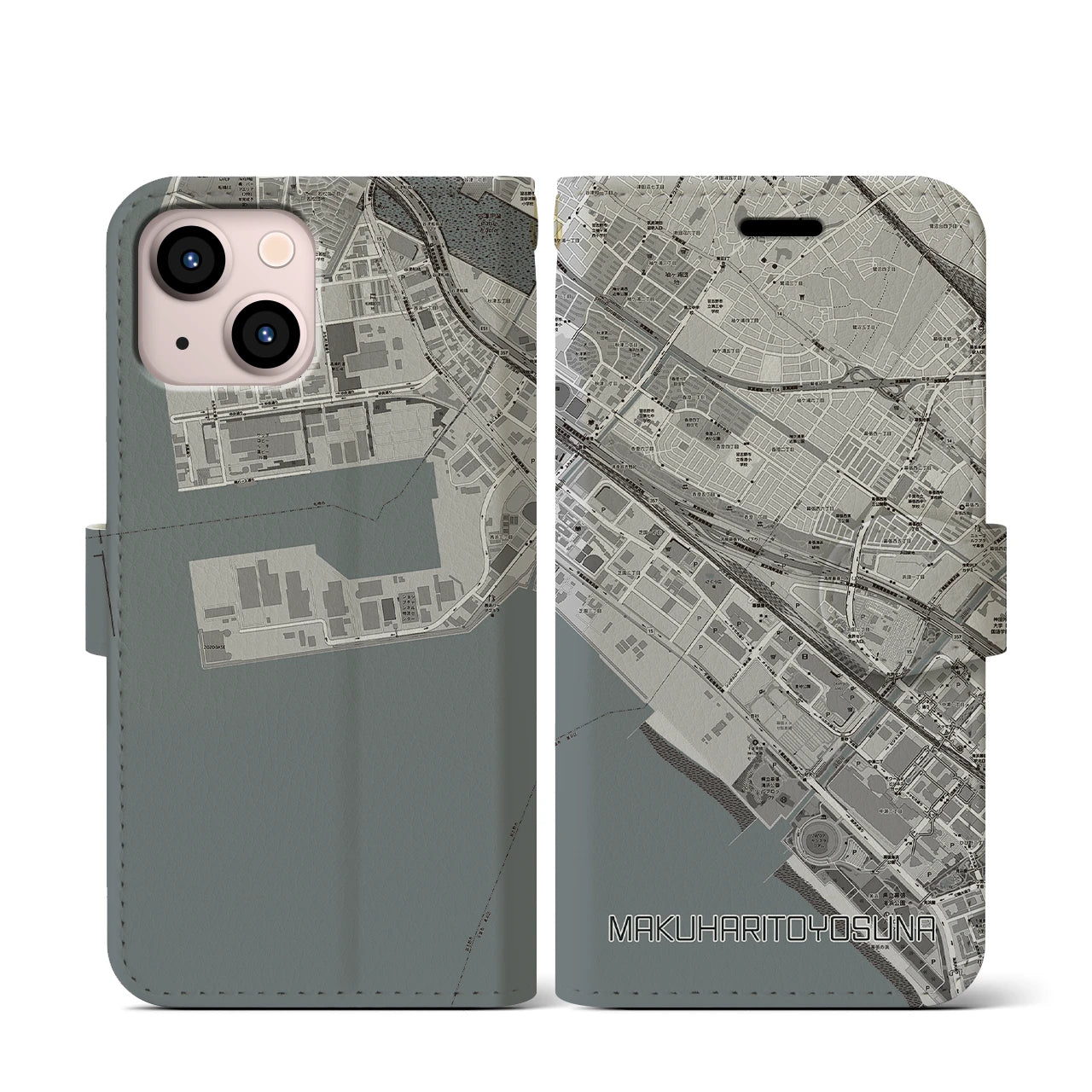 【幕張豊砂(千葉県)】地図柄iPhoneケース(手帳タイプ)モノトーン・iPhone 13 mini 用