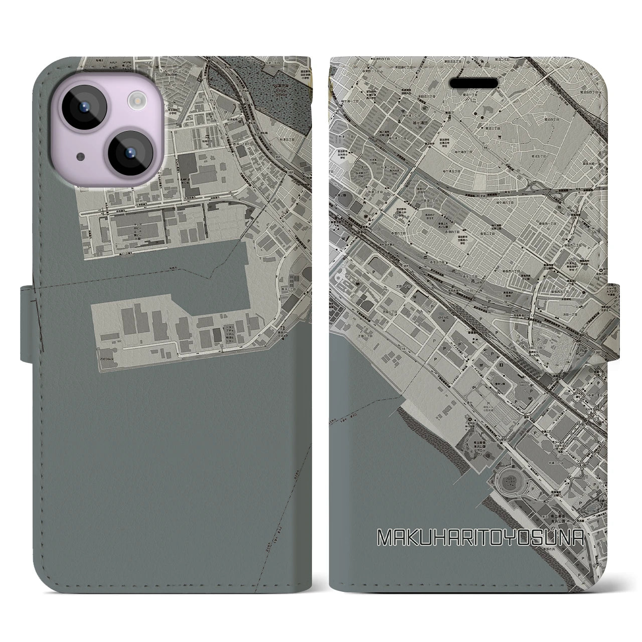 【幕張豊砂(千葉県)】地図柄iPhoneケース(手帳タイプ)モノトーン・iPhone 14 用