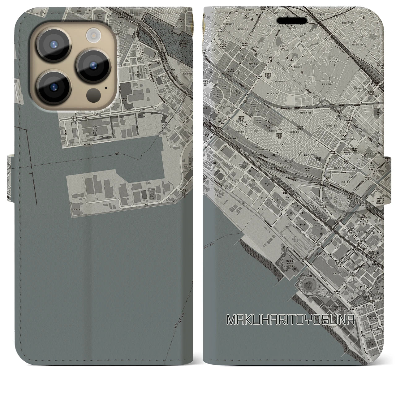 【幕張豊砂(千葉県)】地図柄iPhoneケース(手帳タイプ)モノトーン・iPhone 14 Pro Max 用