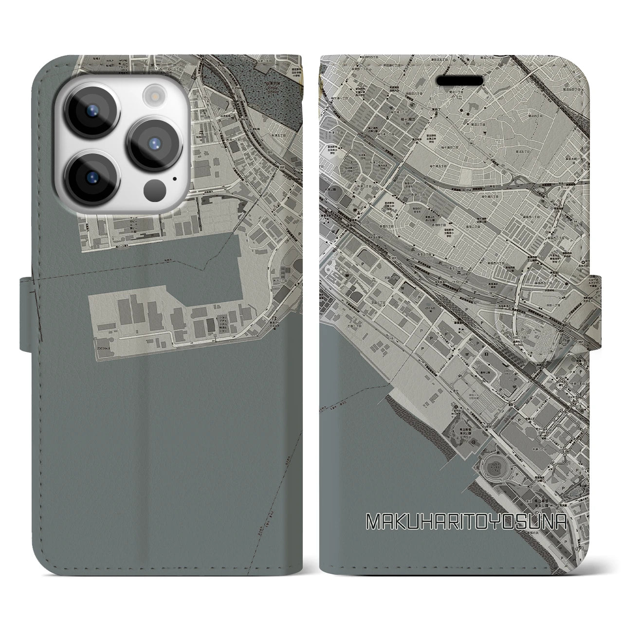 【幕張豊砂(千葉県)】地図柄iPhoneケース(手帳タイプ)モノトーン・iPhone 14 Pro 用