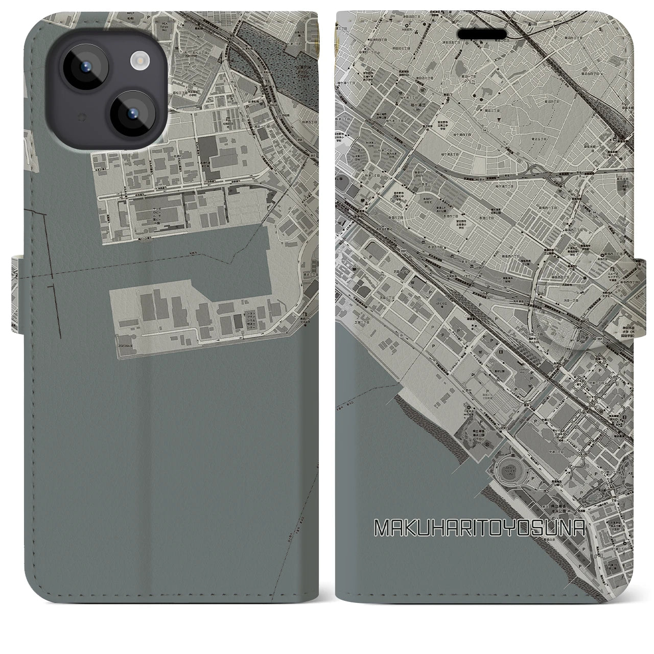 【幕張豊砂(千葉県)】地図柄iPhoneケース(手帳タイプ)モノトーン・iPhone 14 Plus 用