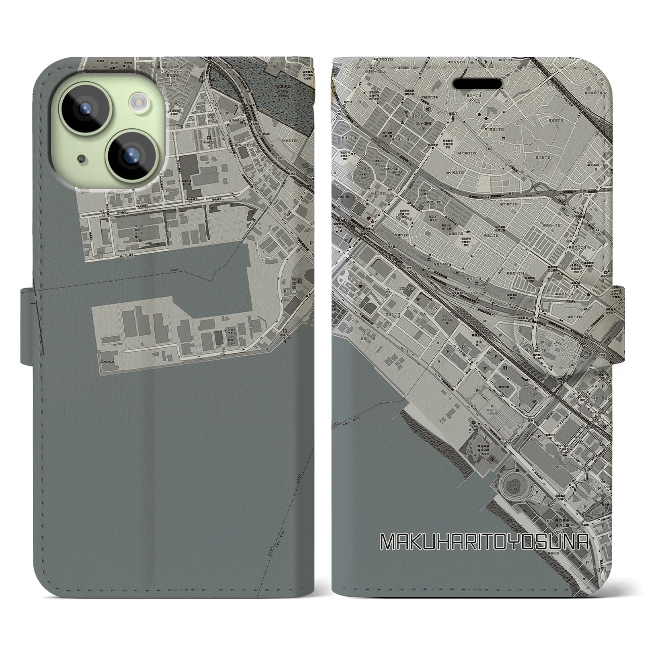 【幕張豊砂(千葉県)】地図柄iPhoneケース(手帳タイプ)モノトーン・iPhone 15 用