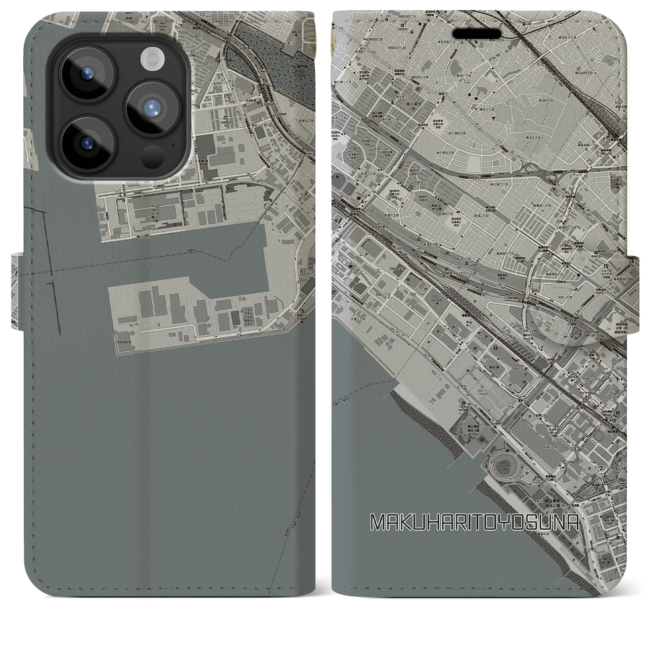【幕張豊砂(千葉県)】地図柄iPhoneケース(手帳タイプ)モノトーン・iPhone 15 Pro Max 用