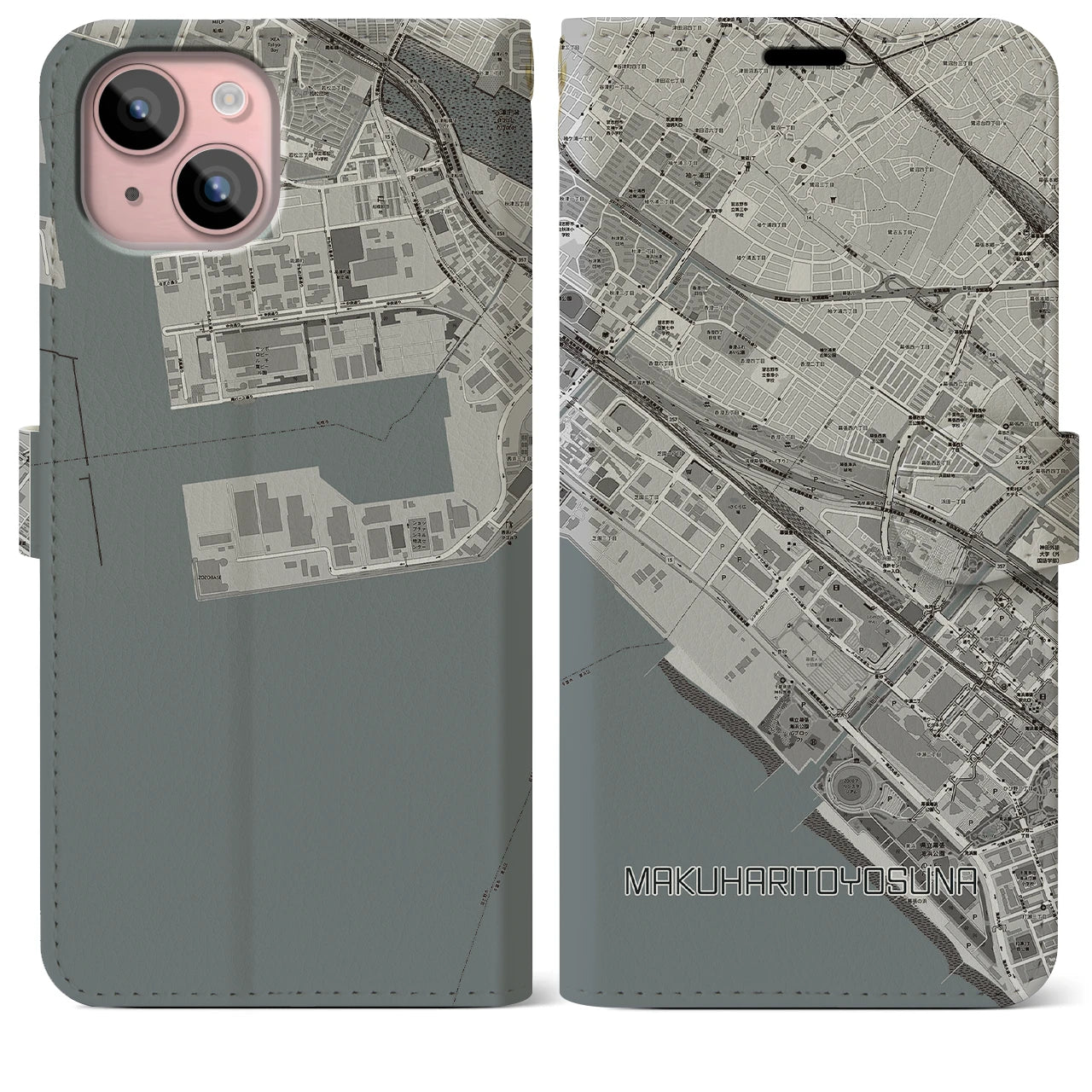 【幕張豊砂(千葉県)】地図柄iPhoneケース(手帳タイプ)モノトーン・iPhone 15 Plus 用