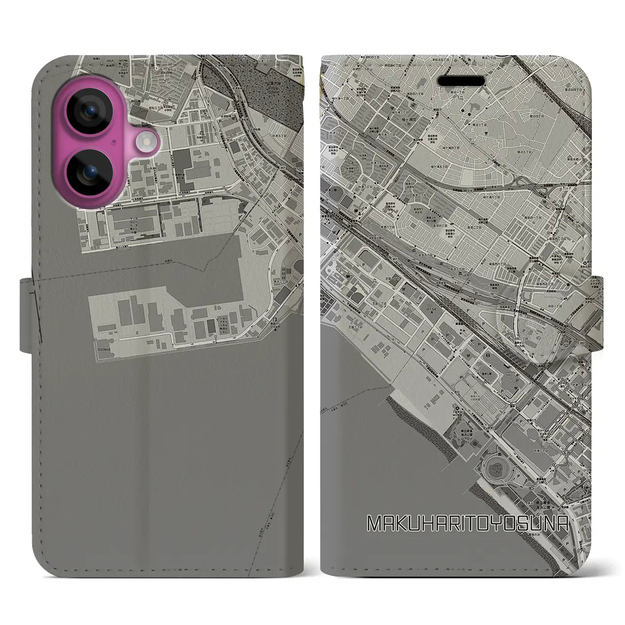 【幕張豊砂(千葉県)】地図柄iPhoneケース(手帳タイプ)モノトーン・iPhone 16 Pro 用