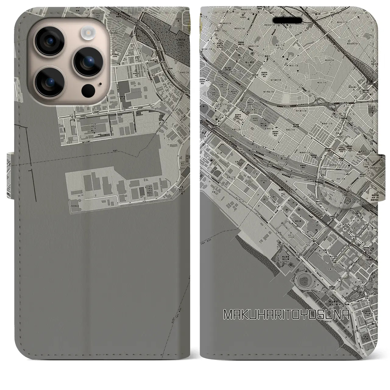 【幕張豊砂(千葉県)】地図柄iPhoneケース(手帳タイプ)モノトーン・iPhone 16 Plus 用