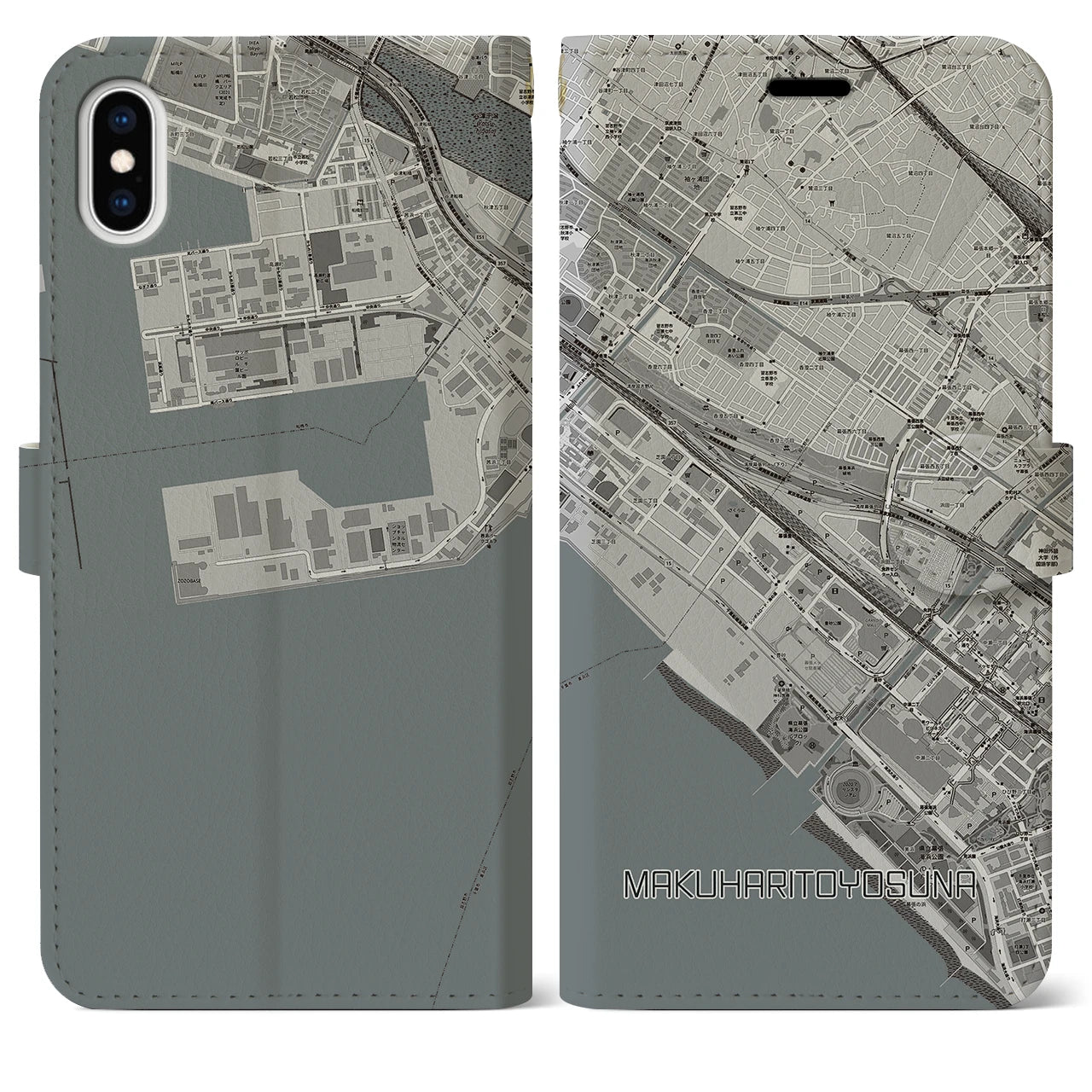 【幕張豊砂(千葉県)】地図柄iPhoneケース(手帳タイプ)モノトーン・iPhone XS Max 用