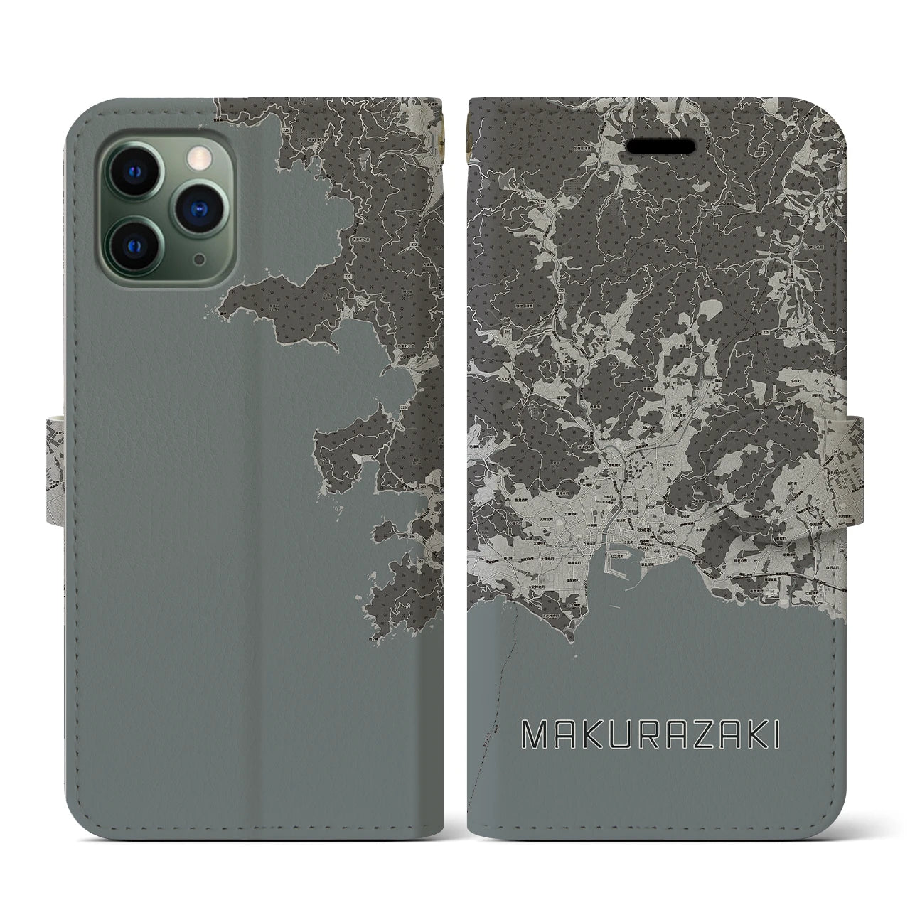 【枕崎(鹿児島県)】地図柄iPhoneケース(手帳タイプ)モノトーン・iPhone 11 Pro 用