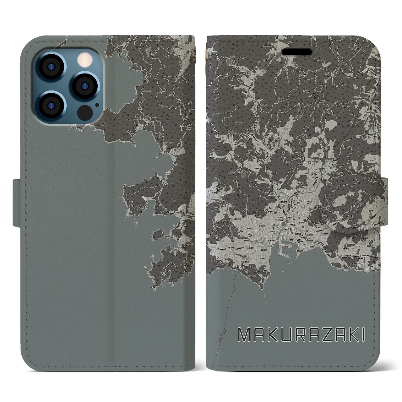 【枕崎(鹿児島県)】地図柄iPhoneケース(手帳タイプ)モノトーン・iPhone 12 / 12 Pro 用