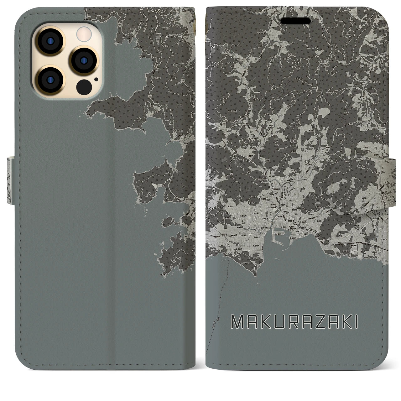 【枕崎(鹿児島県)】地図柄iPhoneケース(手帳タイプ)モノトーン・iPhone 12 Pro Max 用