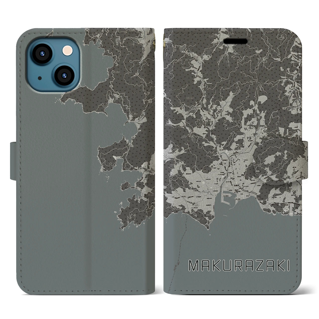 【枕崎(鹿児島県)】地図柄iPhoneケース(手帳タイプ)モノトーン・iPhone 13 用