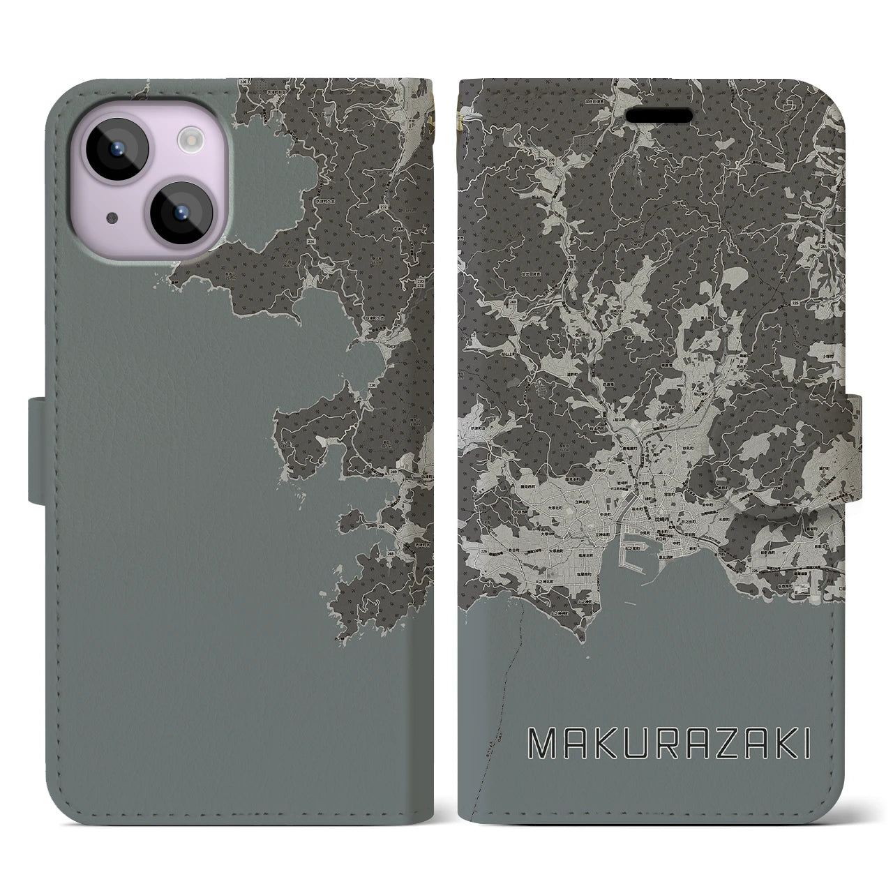 【枕崎(鹿児島県)】地図柄iPhoneケース(手帳タイプ)モノトーン・iPhone 14 用