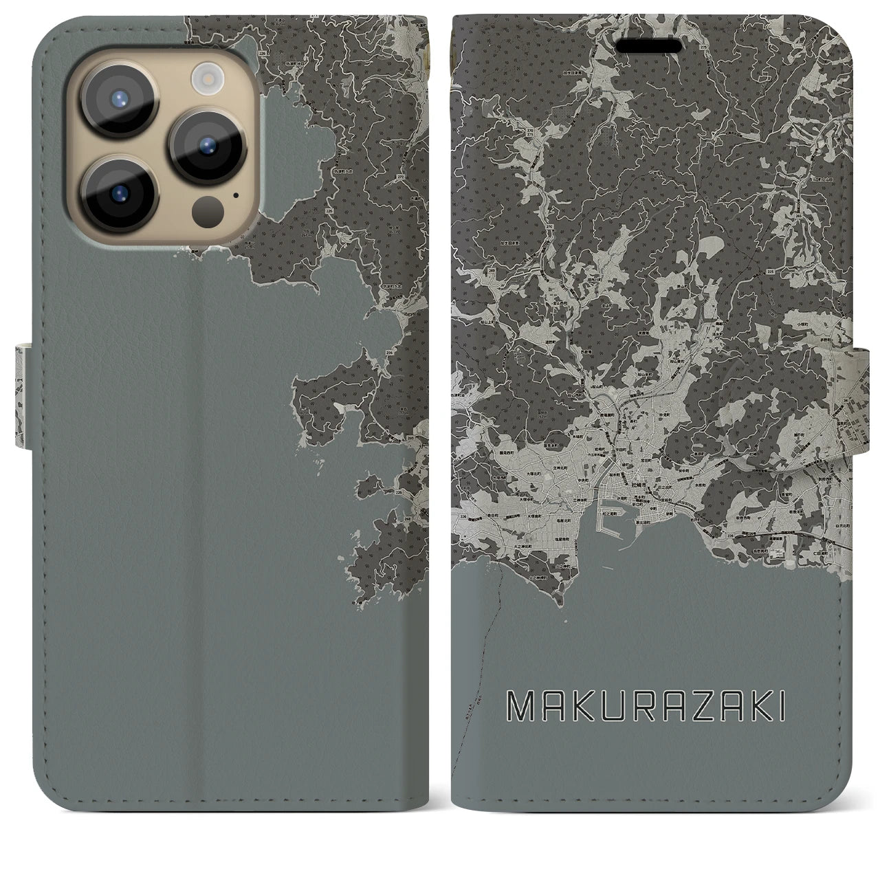 【枕崎(鹿児島県)】地図柄iPhoneケース(手帳タイプ)モノトーン・iPhone 14 Pro Max 用