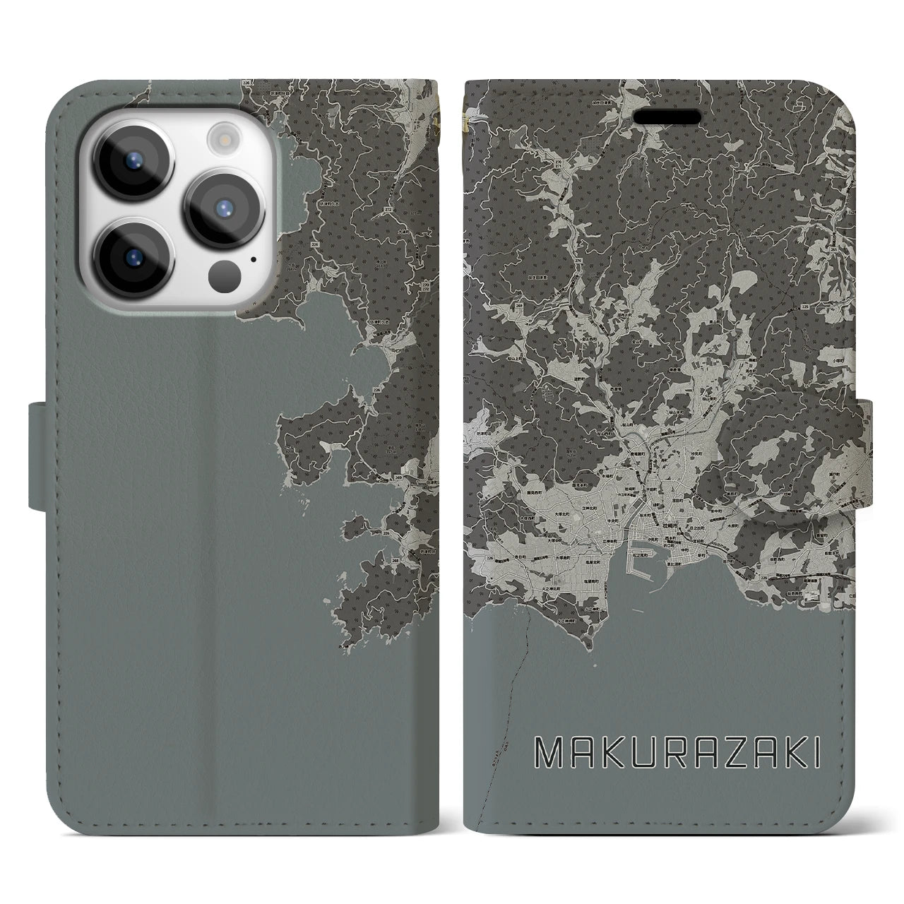 【枕崎(鹿児島県)】地図柄iPhoneケース(手帳タイプ)モノトーン・iPhone 14 Pro 用
