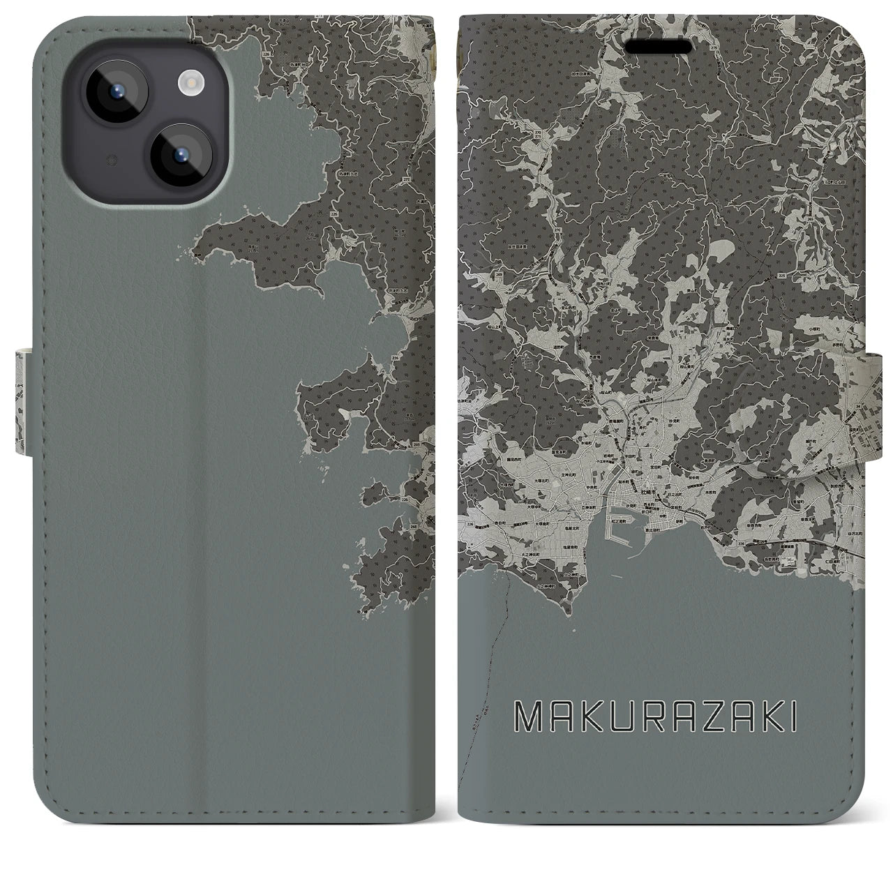 【枕崎(鹿児島県)】地図柄iPhoneケース(手帳タイプ)モノトーン・iPhone 14 Plus 用