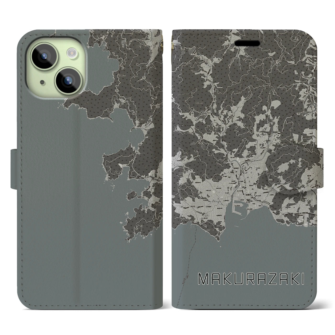 【枕崎(鹿児島県)】地図柄iPhoneケース(手帳タイプ)モノトーン・iPhone 15 用