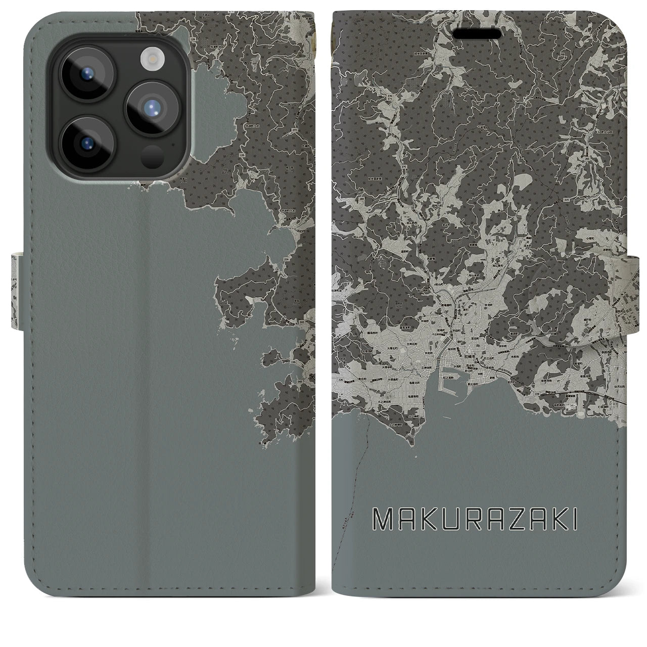 【枕崎(鹿児島県)】地図柄iPhoneケース(手帳タイプ)モノトーン・iPhone 15 Pro Max 用