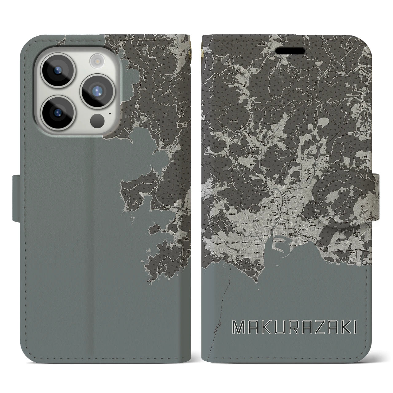 【枕崎(鹿児島県)】地図柄iPhoneケース(手帳タイプ)モノトーン・iPhone 15 Pro 用