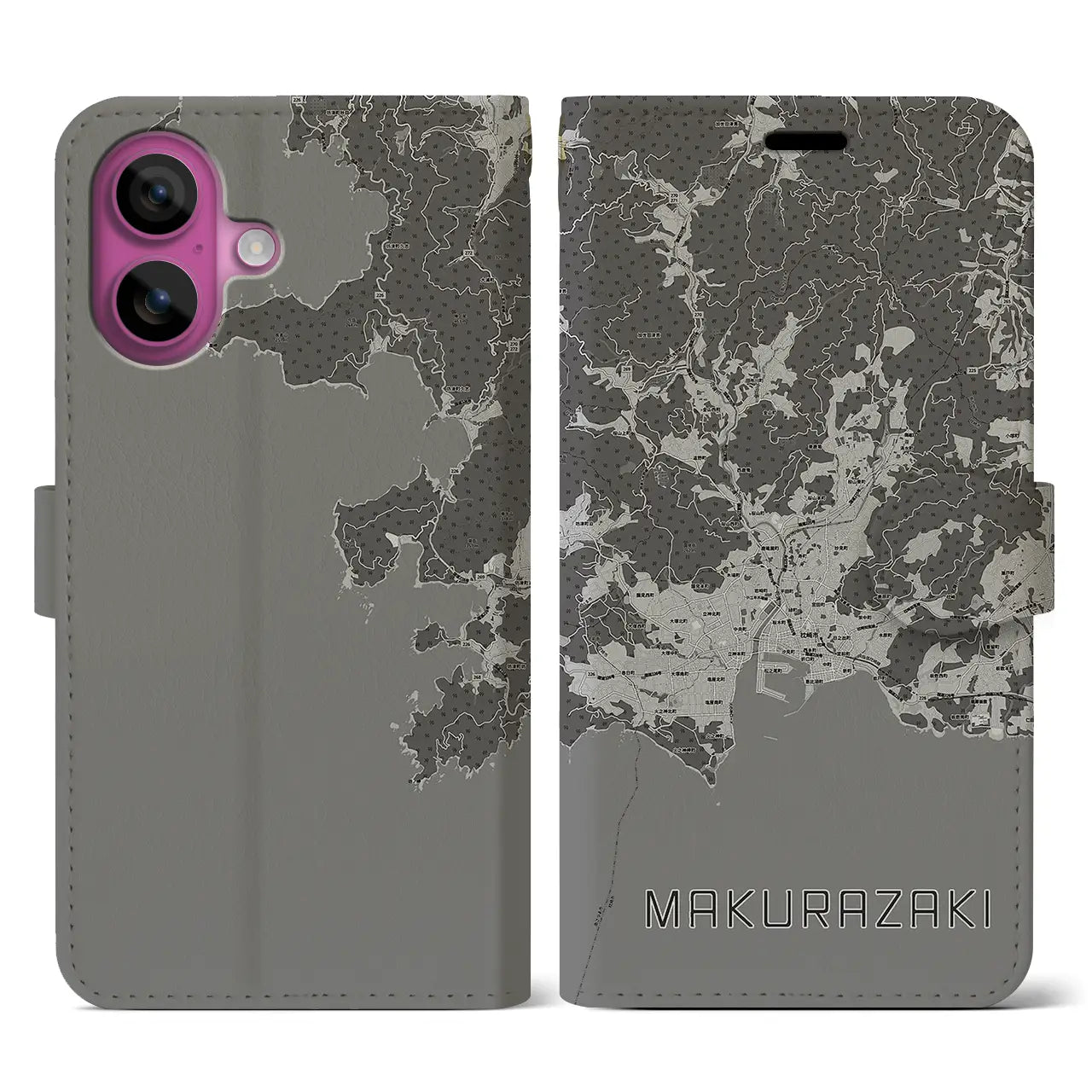 【枕崎(鹿児島県)】地図柄iPhoneケース(手帳タイプ)モノトーン・iPhone 16 Pro 用