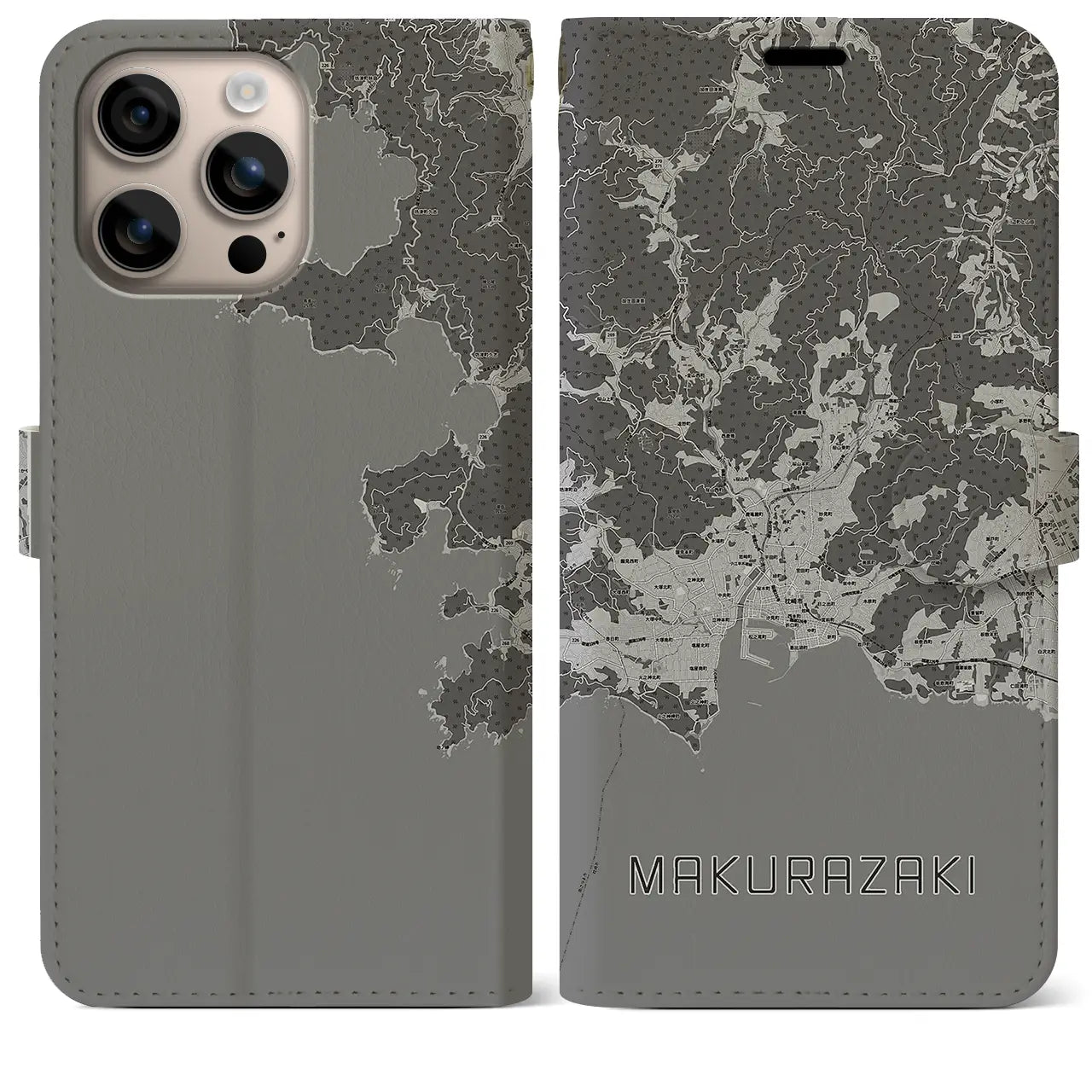 【枕崎(鹿児島県)】地図柄iPhoneケース(手帳タイプ)モノトーン・iPhone 16 Plus 用