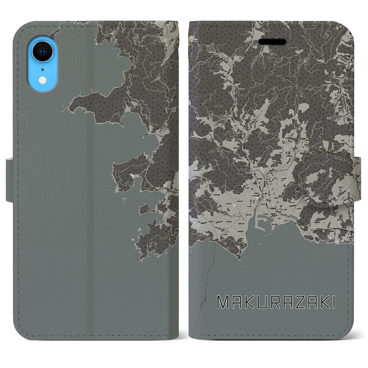 【枕崎(鹿児島県)】地図柄iPhoneケース(手帳タイプ)モノトーン・iPhone XR 用