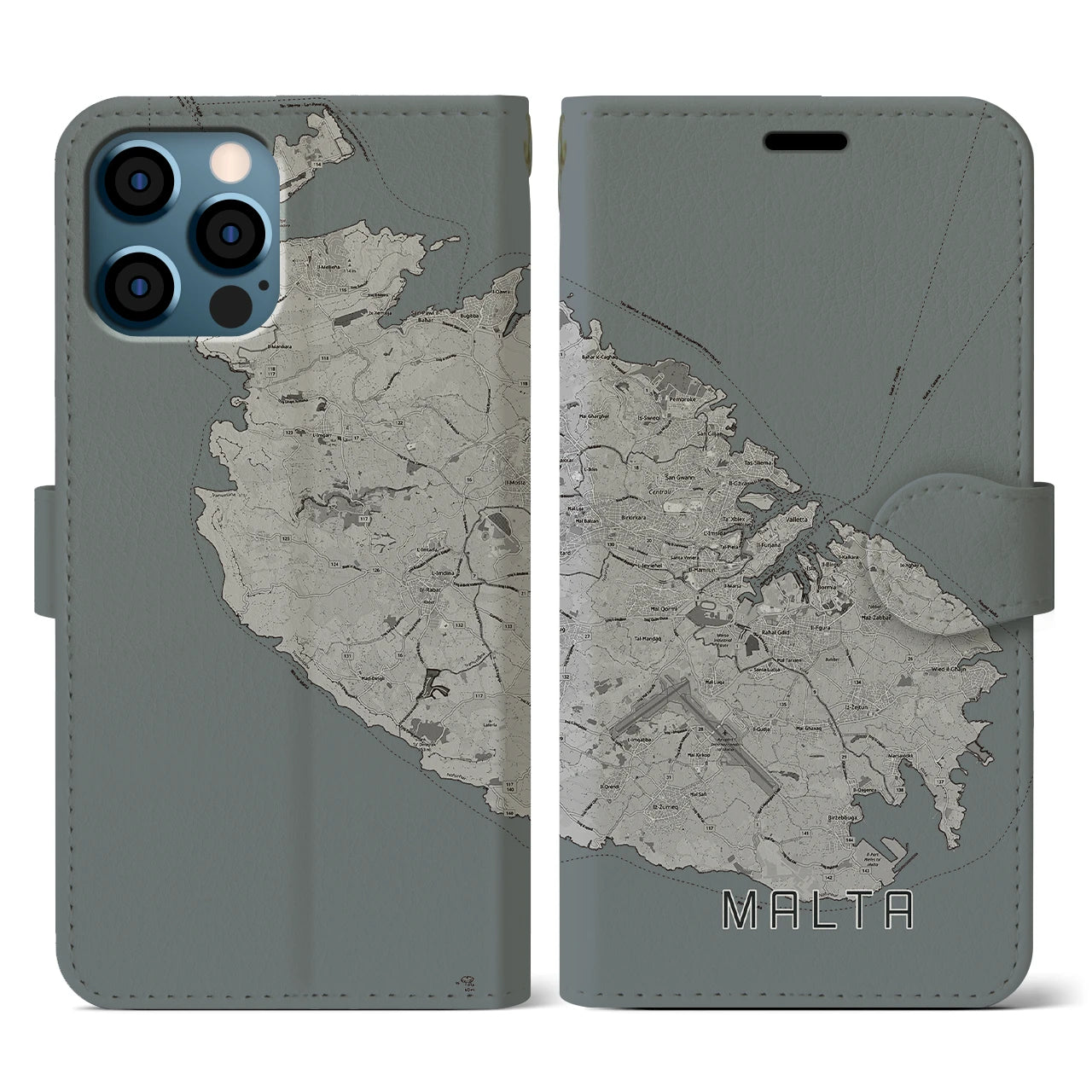 【マルタ】地図柄iPhoneケース(手帳タイプ)モノトーン・iPhone 12 / 12 Pro 用
