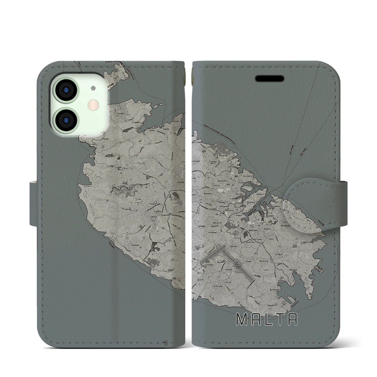 【マルタ】地図柄iPhoneケース(手帳タイプ)モノトーン・iPhone 12 mini 用
