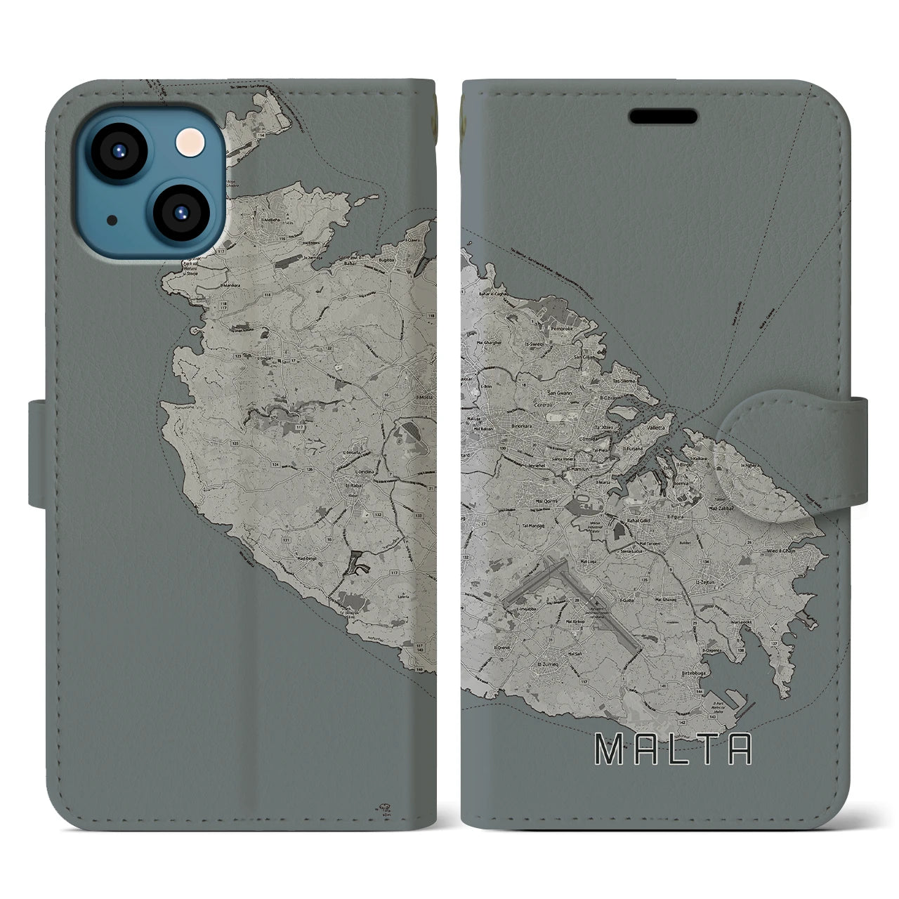 【マルタ】地図柄iPhoneケース(手帳タイプ)モノトーン・iPhone 13 用