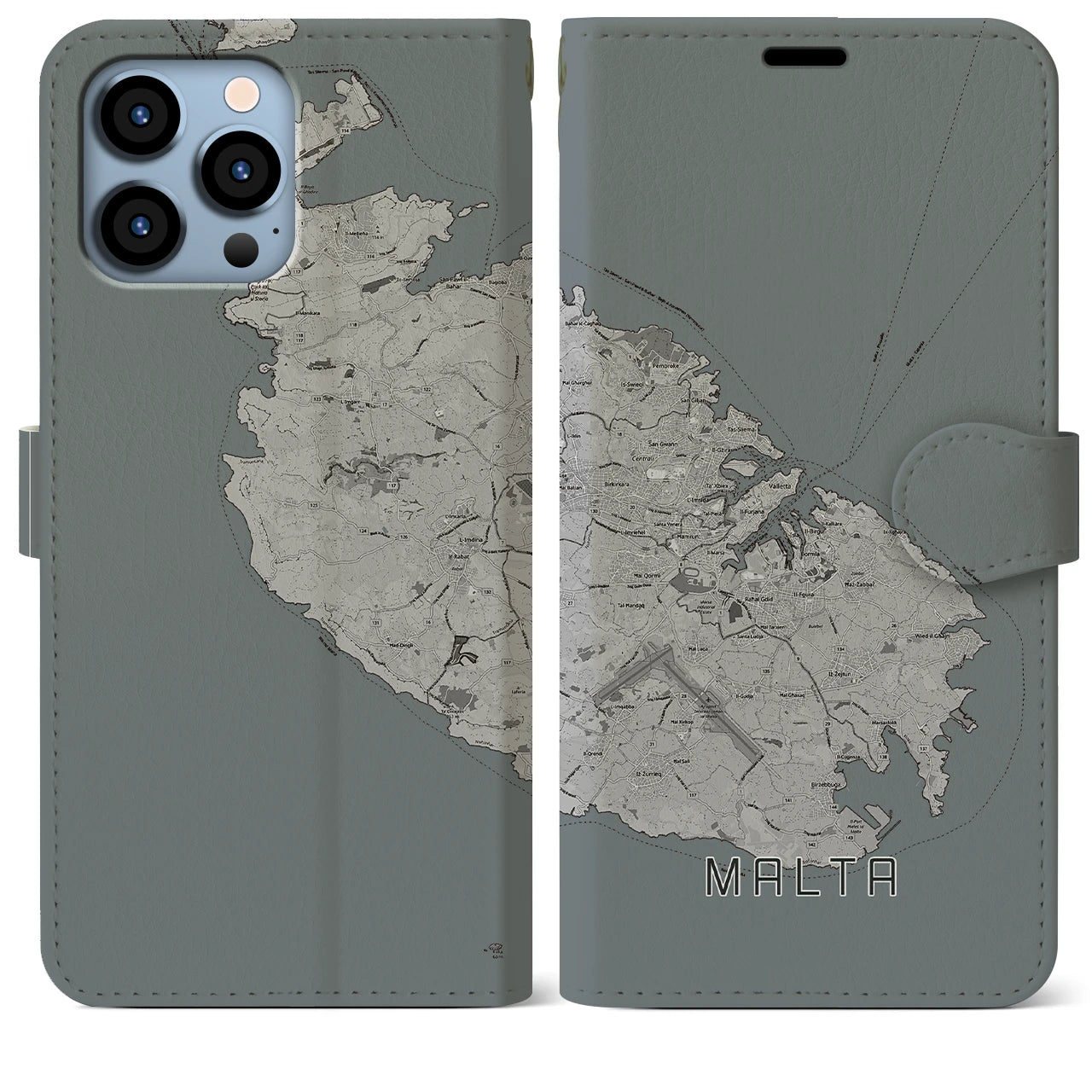 【マルタ】地図柄iPhoneケース(手帳タイプ)モノトーン・iPhone 13 Pro Max 用