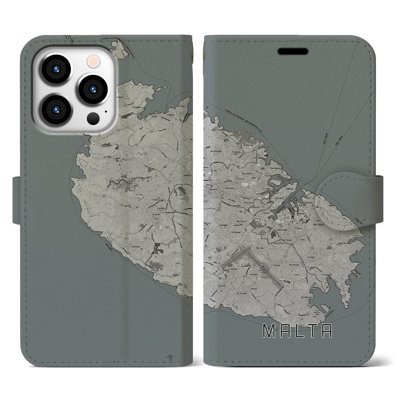 【マルタ】地図柄iPhoneケース(手帳タイプ)モノトーン・iPhone 13 Pro 用