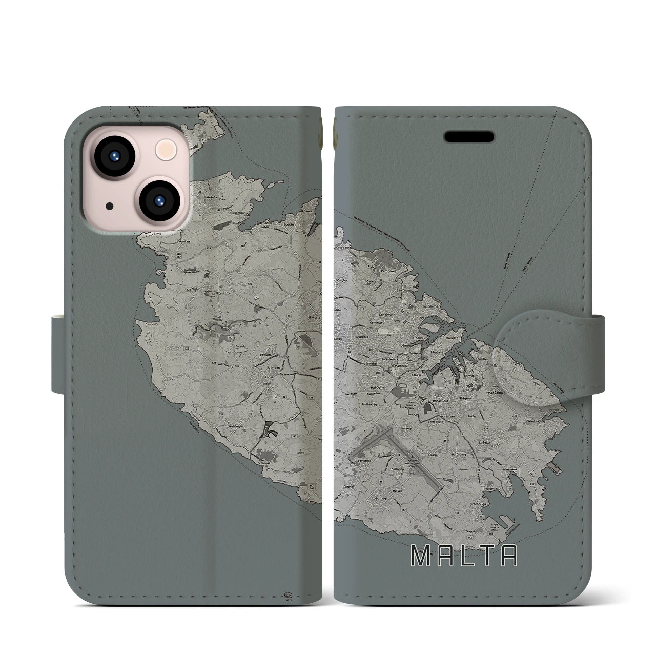【マルタ】地図柄iPhoneケース(手帳タイプ)モノトーン・iPhone 13 mini 用