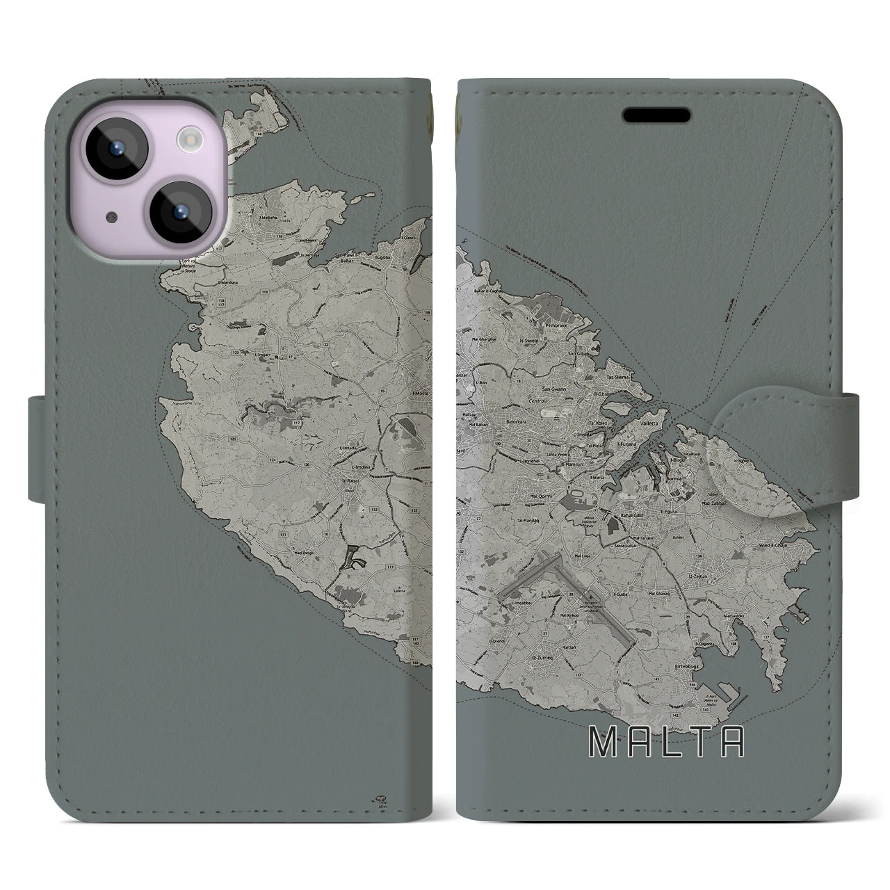 【マルタ】地図柄iPhoneケース(手帳タイプ)モノトーン・iPhone 14 用