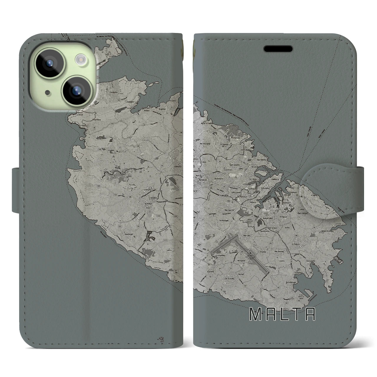 【マルタ】地図柄iPhoneケース(手帳タイプ)モノトーン・iPhone 15 用