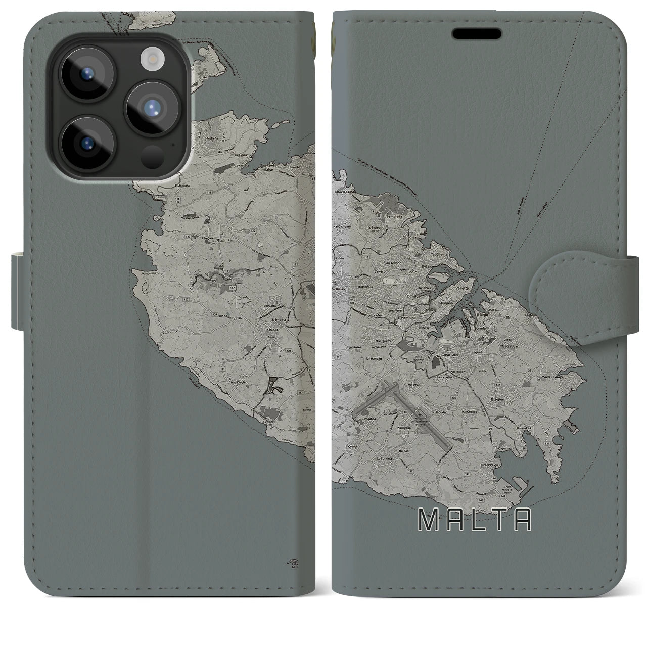 【マルタ】地図柄iPhoneケース(手帳タイプ)モノトーン・iPhone 15 Pro Max 用